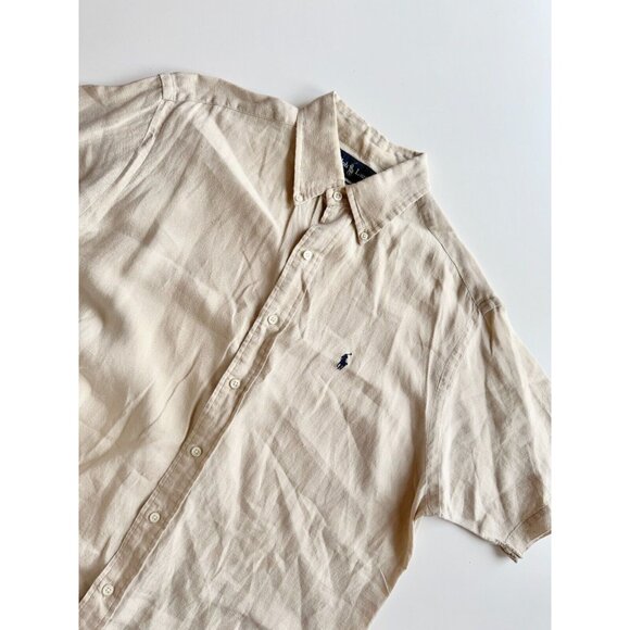 Men's RALPH LAUREN Beige Linen Classic Fit Short Sleeve Button Up Shirt, Size M - Picture 4 of 8